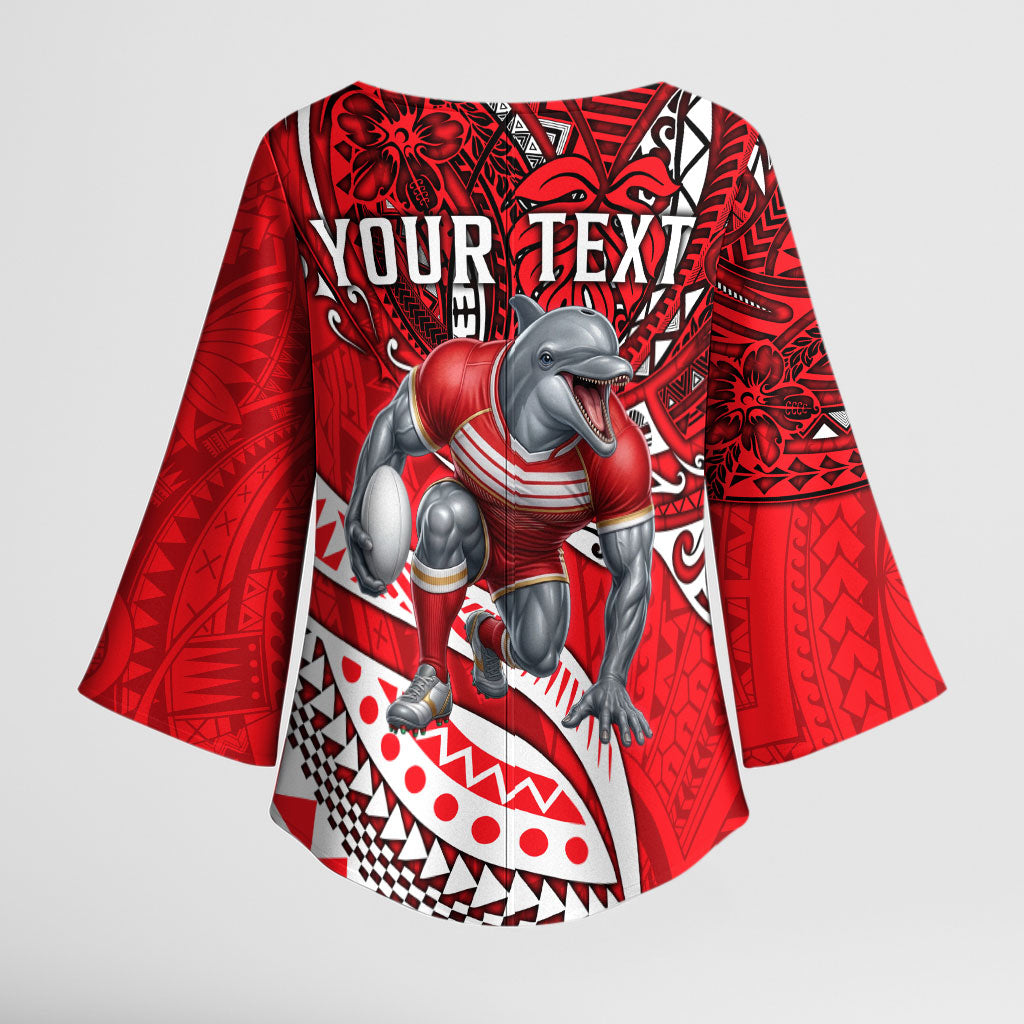 Personalised Dolphins Kimono Sleeve Blouse Polynesian Tribal Art Style With Muscular Dolphin Mascot