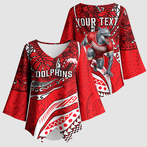 Personalised Dolphins Kimono Sleeve Blouse Polynesian Tribal Art Style With Muscular Dolphin Mascot