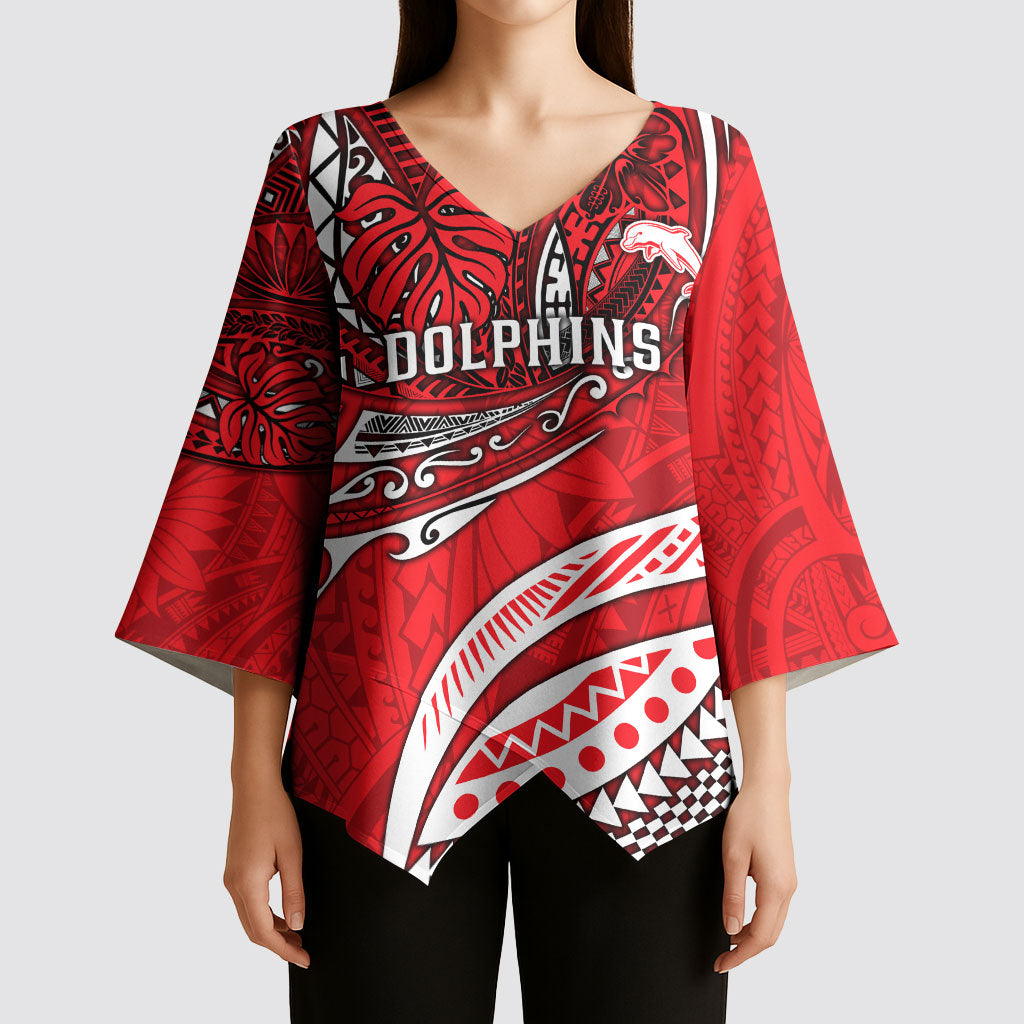 Personalised Dolphins Kimono Sleeve Blouse Polynesian Tribal Art Style With Muscular Dolphin Mascot
