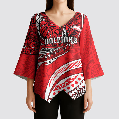 Personalised Dolphins Kimono Sleeve Blouse Polynesian Tribal Art Style With Muscular Dolphin Mascot