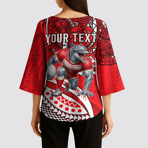 Personalised Dolphins Kimono Sleeve Blouse Polynesian Tribal Art Style With Muscular Dolphin Mascot