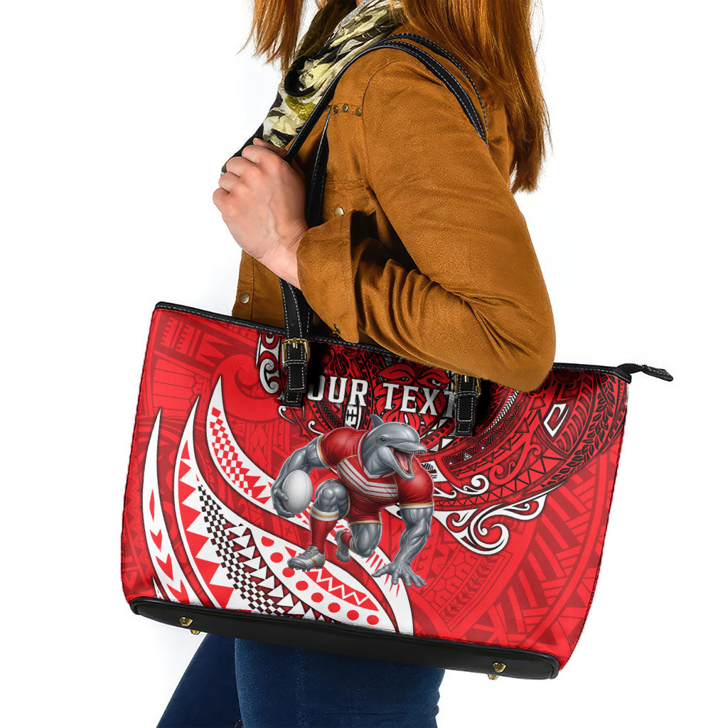 Personalised Dolphins Leather Tote Bag Polynesian Tribal Art Style With Muscular Dolphin Mascot