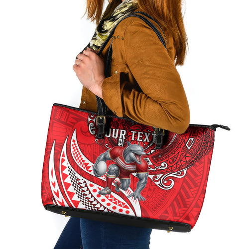 Personalised Dolphins Leather Tote Bag Polynesian Tribal Art Style With Muscular Dolphin Mascot
