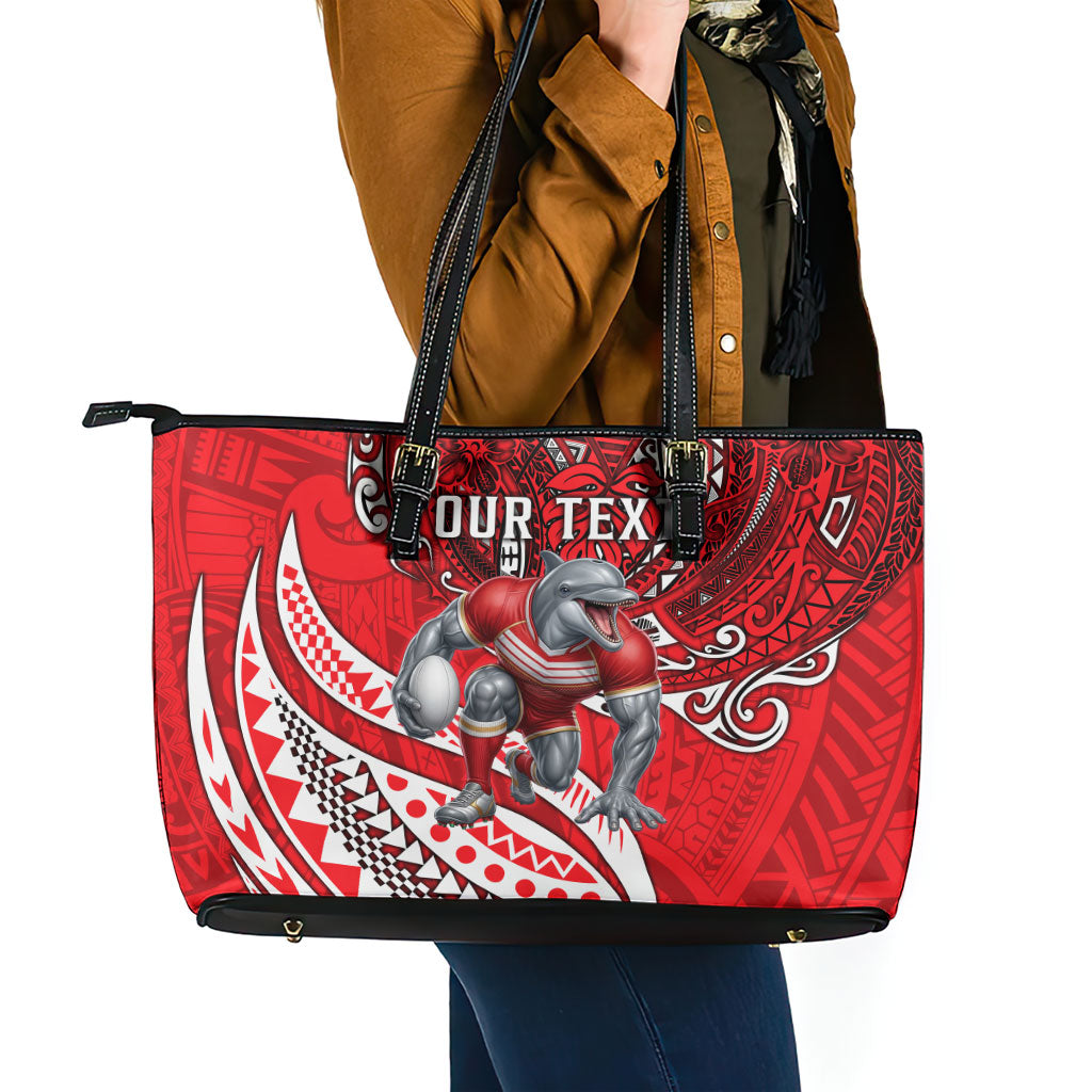 Personalised Dolphins Leather Tote Bag Polynesian Tribal Art Style With Muscular Dolphin Mascot