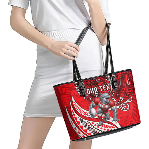 Personalised Dolphins Leather Tote Bag Polynesian Tribal Art Style With Muscular Dolphin Mascot