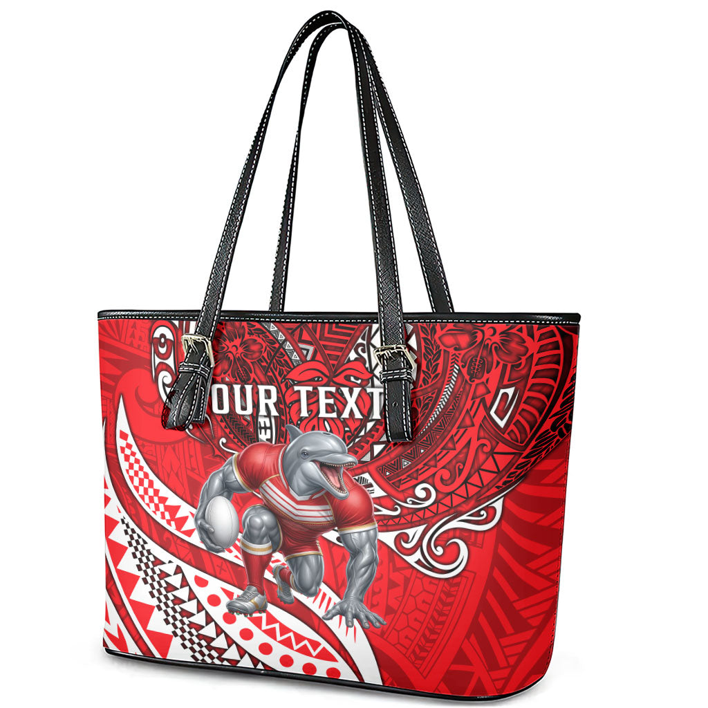 Personalised Dolphins Leather Tote Bag Polynesian Tribal Art Style With Muscular Dolphin Mascot