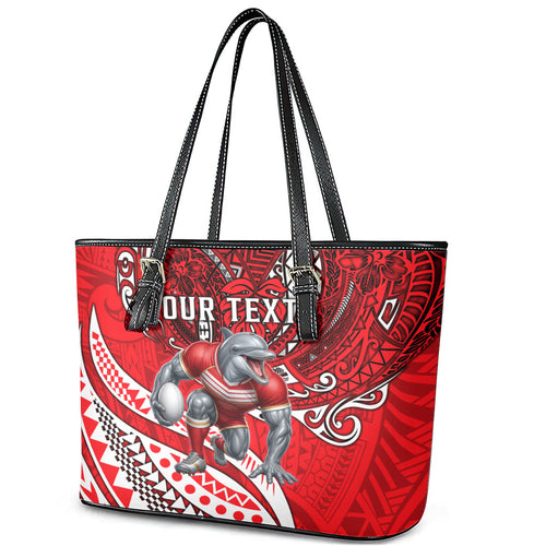 Personalised Dolphins Leather Tote Bag Polynesian Tribal Art Style With Muscular Dolphin Mascot