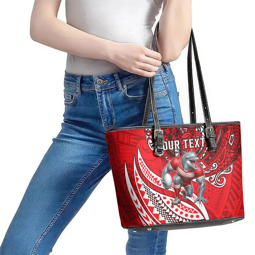 Personalised Dolphins Leather Tote Bag Polynesian Tribal Art Style With Muscular Dolphin Mascot