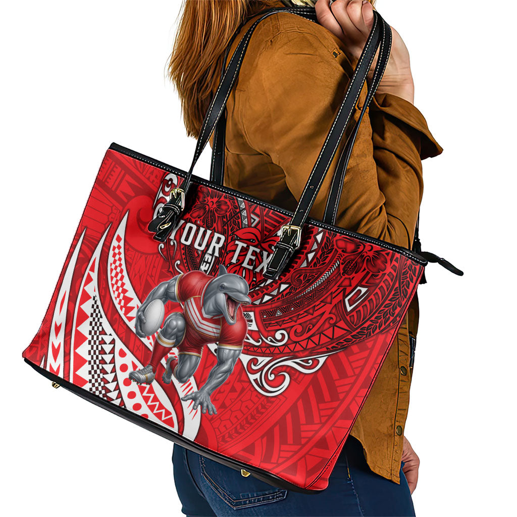 Personalised Dolphins Leather Tote Bag Polynesian Tribal Art Style With Muscular Dolphin Mascot