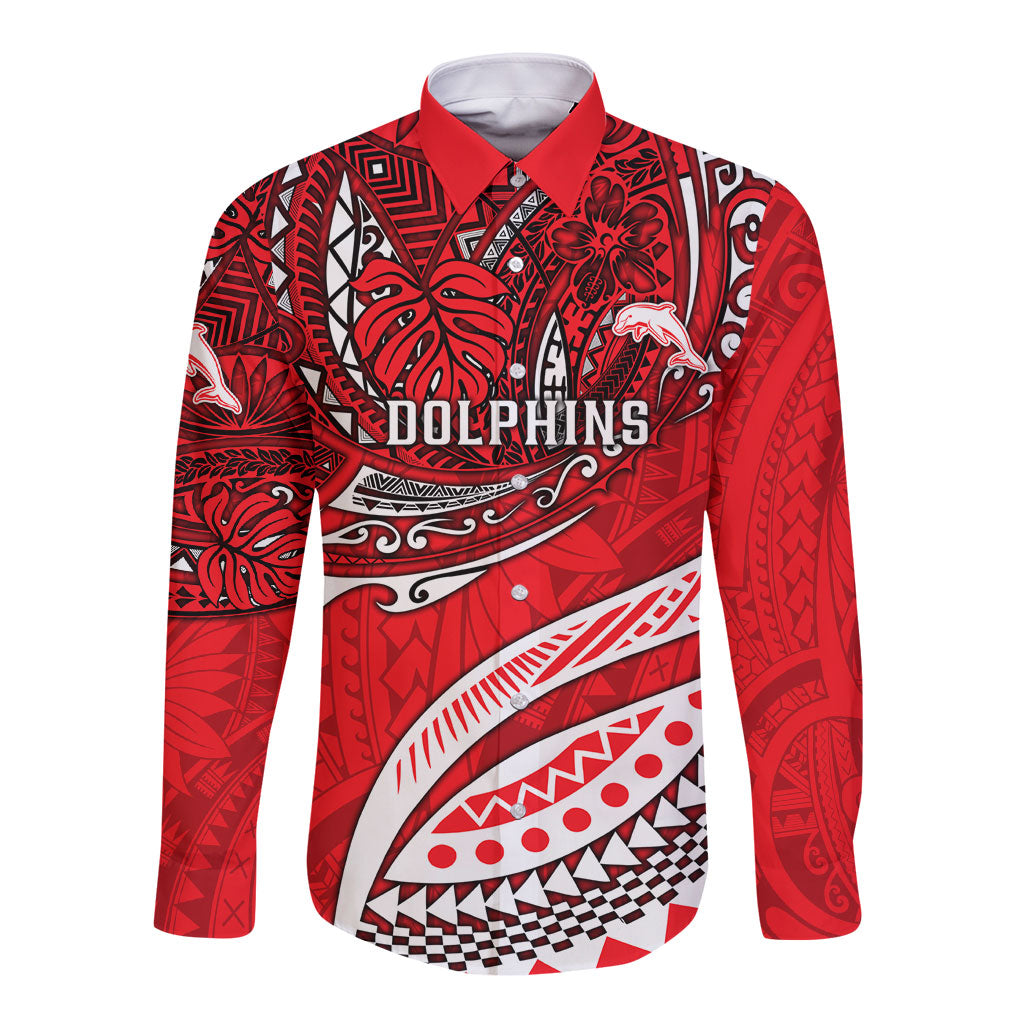 Personalised Dolphins Long Sleeve Button Shirt Polynesian Tribal Art Style With Muscular Dolphin Mascot