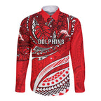 Personalised Dolphins Long Sleeve Button Shirt Polynesian Tribal Art Style With Muscular Dolphin Mascot