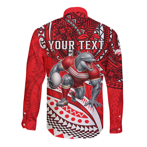 Personalised Dolphins Long Sleeve Button Shirt Polynesian Tribal Art Style With Muscular Dolphin Mascot