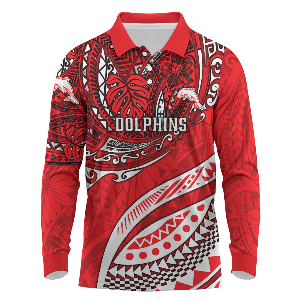 Personalised Dolphins Long Sleeve Polo Shirt Polynesian Tribal Art Style With Muscular Dolphin Mascot