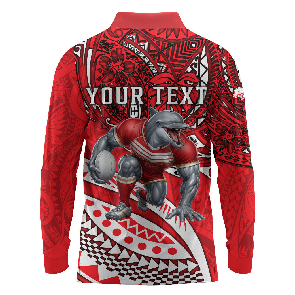 Personalised Dolphins Long Sleeve Polo Shirt Polynesian Tribal Art Style With Muscular Dolphin Mascot