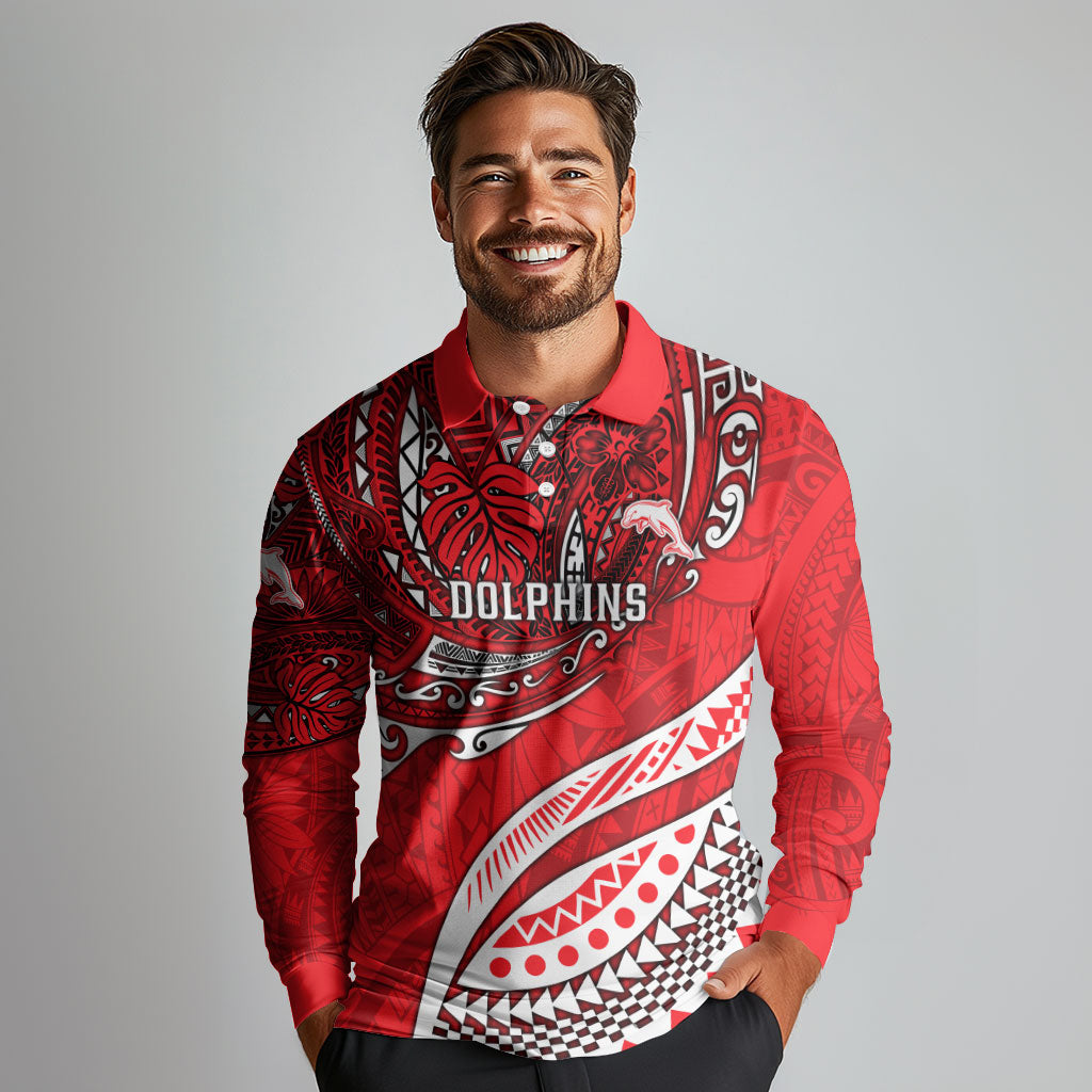 Personalised Dolphins Long Sleeve Polo Shirt Polynesian Tribal Art Style With Muscular Dolphin Mascot