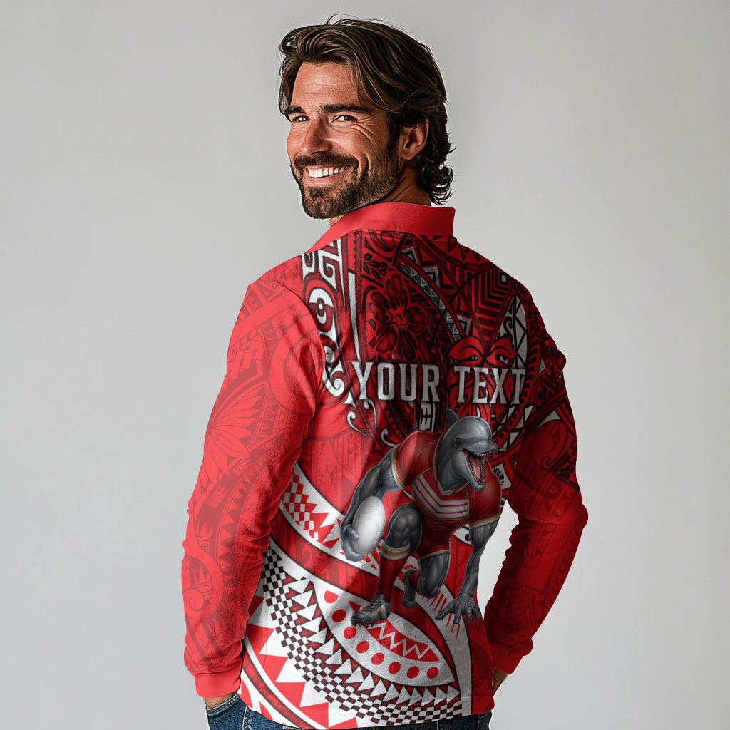 Personalised Dolphins Long Sleeve Polo Shirt Polynesian Tribal Art Style With Muscular Dolphin Mascot
