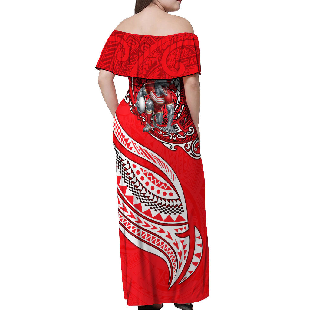 Personalised Dolphins Off Shoulder Maxi Dress Polynesian Tribal Art Style With Muscular Dolphin Mascot