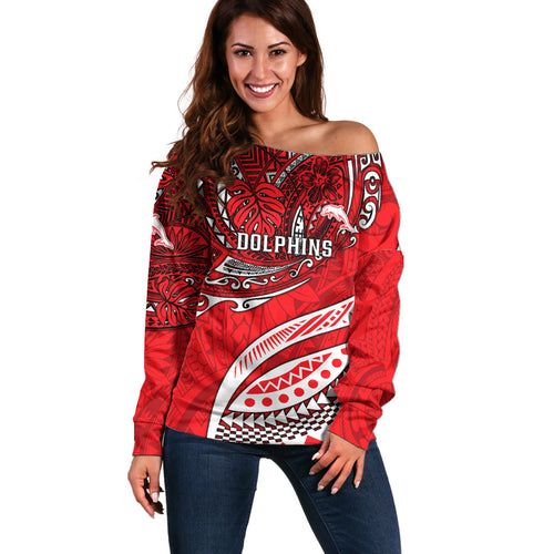Personalised Dolphins Off Shoulder Sweater Polynesian Tribal Art Style With Muscular Dolphin Mascot