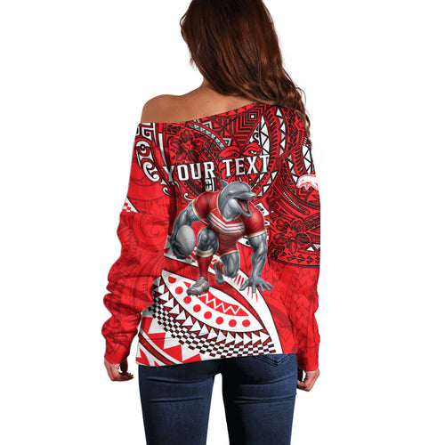 Personalised Dolphins Off Shoulder Sweater Polynesian Tribal Art Style With Muscular Dolphin Mascot