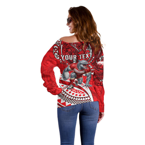 Personalised Dolphins Off Shoulder Sweater Polynesian Tribal Art Style With Muscular Dolphin Mascot