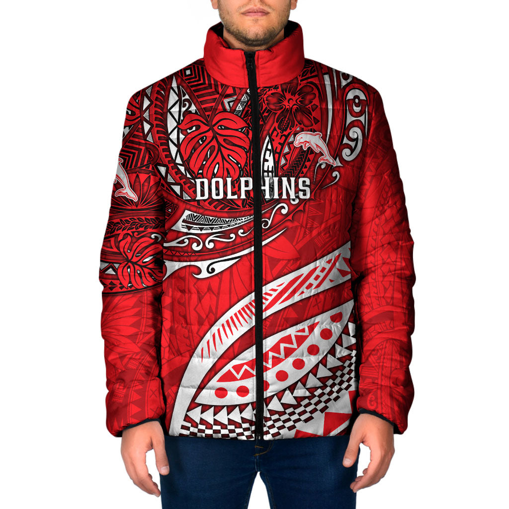 Personalised Dolphins Padded Jacket Polynesian Tribal Art Style With Muscular Dolphin Mascot