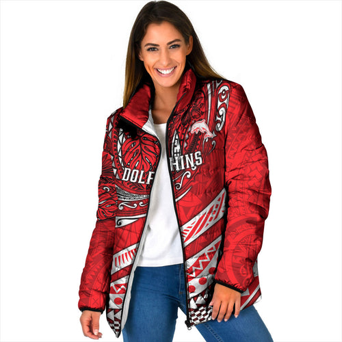 Personalised Dolphins Padded Jacket Polynesian Tribal Art Style With Muscular Dolphin Mascot