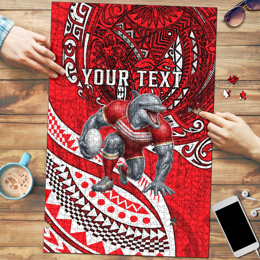 Personalised Dolphins Puzzle Polynesian Tribal Art Style With Muscular Dolphin Mascot