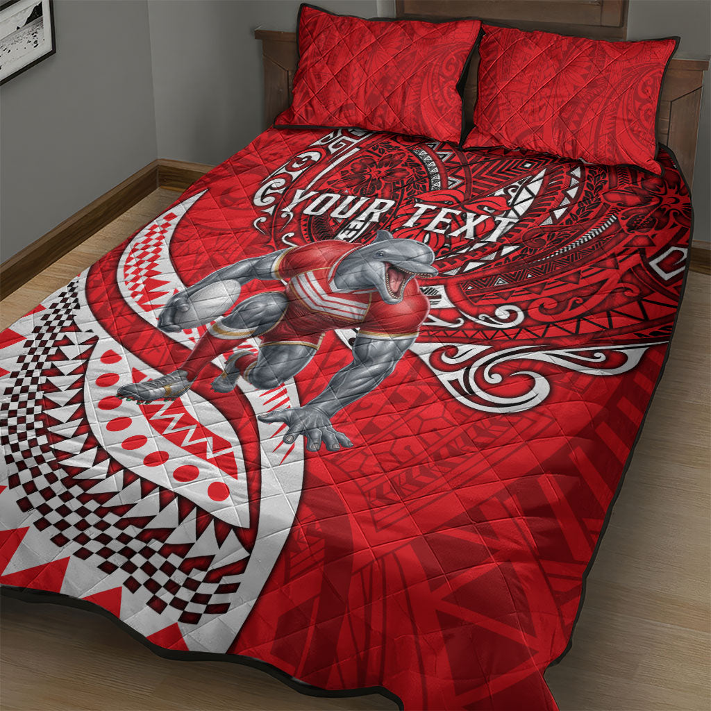 Personalised Dolphins Quilt Bed Set Polynesian Tribal Art Style With Muscular Dolphin Mascot