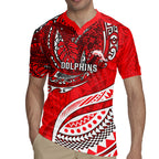 Personalised Dolphins Rugby Jersey Polynesian Tribal Art Style With Muscular Dolphin Mascot