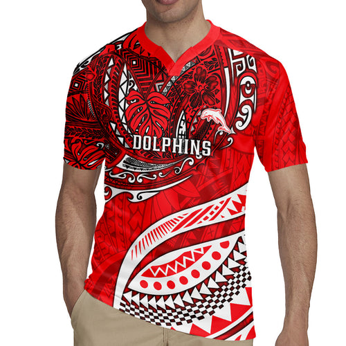Personalised Dolphins Rugby Jersey Polynesian Tribal Art Style With Muscular Dolphin Mascot