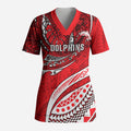 Personalised Dolphins Scrub Top Polynesian Tribal Art Style With Muscular Dolphin Mascot