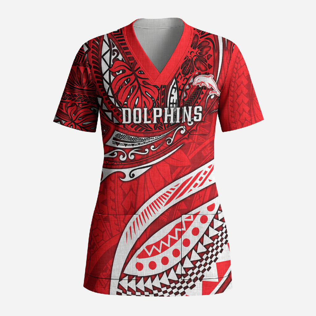 Personalised Dolphins Scrub Top Polynesian Tribal Art Style With Muscular Dolphin Mascot