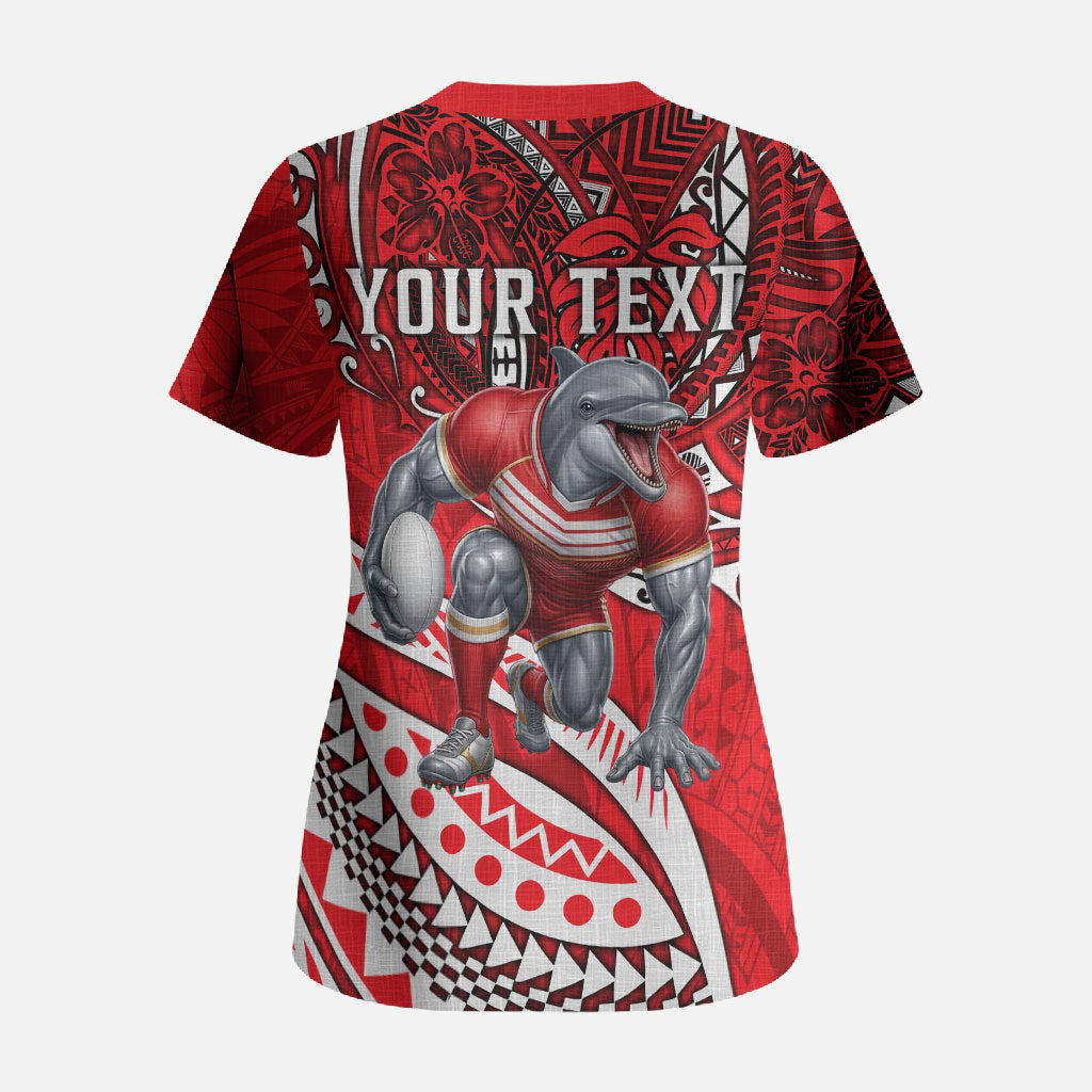 Personalised Dolphins Scrub Top Polynesian Tribal Art Style With Muscular Dolphin Mascot