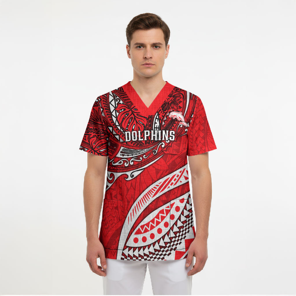Personalised Dolphins Scrub Top Polynesian Tribal Art Style With Muscular Dolphin Mascot