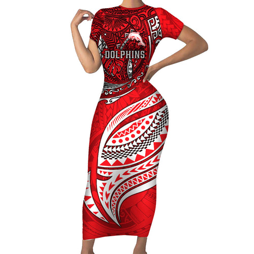Personalised Dolphins Short Sleeve Bodycon Dress Polynesian Tribal Art Style With Muscular Dolphin Mascot