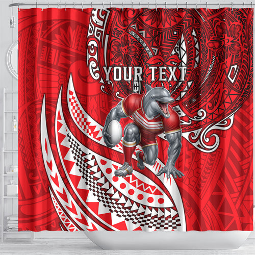 Personalised Dolphins Shower Curtain Polynesian Tribal Art Style With Muscular Dolphin Mascot