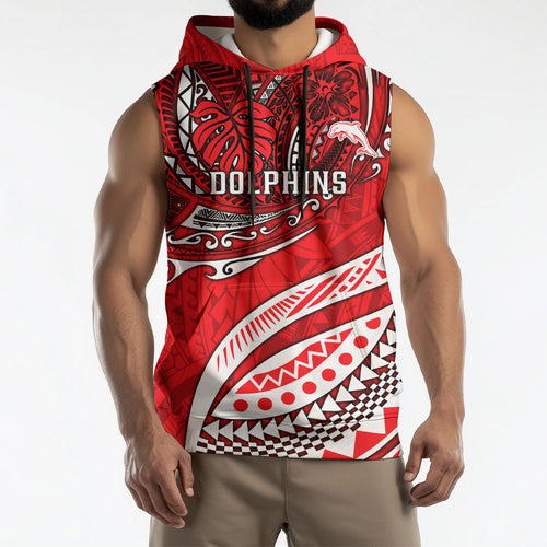 Personalised Dolphins Sleeveless Hoodie Polynesian Tribal Art Style With Muscular Dolphin Mascot