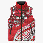 Personalised Dolphins Sleeveless Puffer Jacket Polynesian Tribal Art Style With Muscular Dolphin Mascot