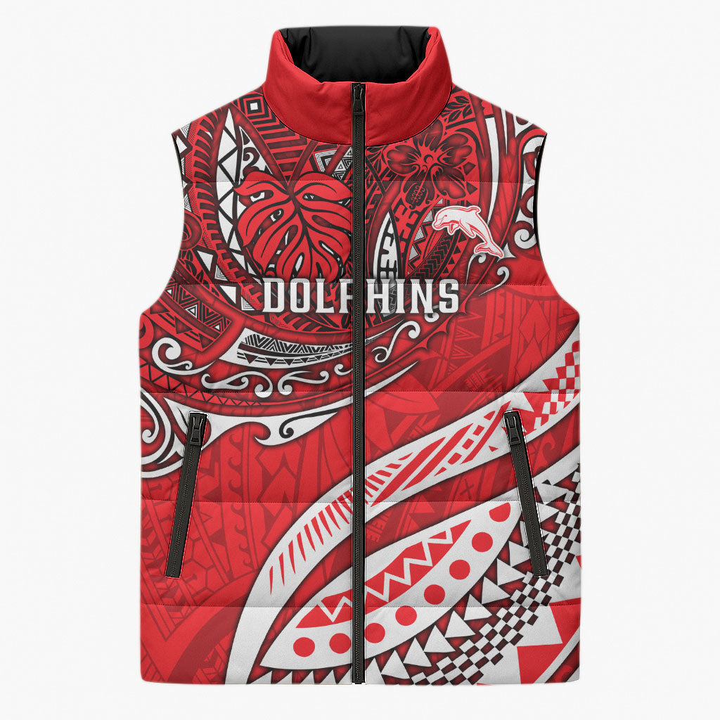 Personalised Dolphins Sleeveless Puffer Jacket Polynesian Tribal Art Style With Muscular Dolphin Mascot