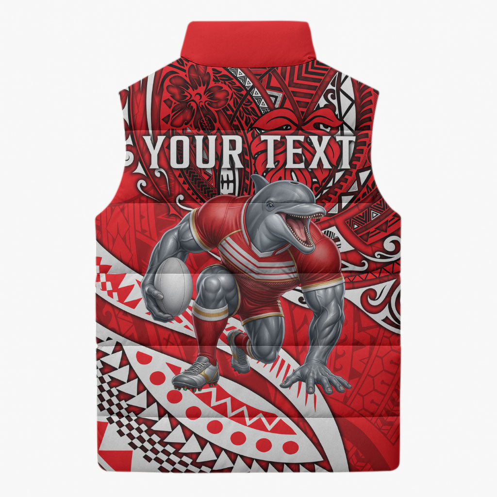 Personalised Dolphins Sleeveless Puffer Jacket Polynesian Tribal Art Style With Muscular Dolphin Mascot