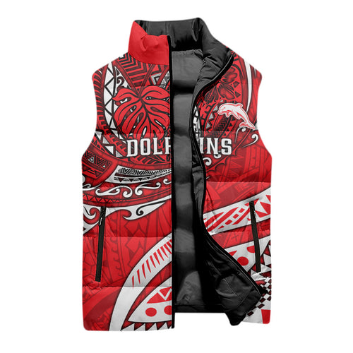 Personalised Dolphins Sleeveless Puffer Jacket Polynesian Tribal Art Style With Muscular Dolphin Mascot