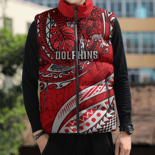 Personalised Dolphins Sleeveless Puffer Jacket Polynesian Tribal Art Style With Muscular Dolphin Mascot