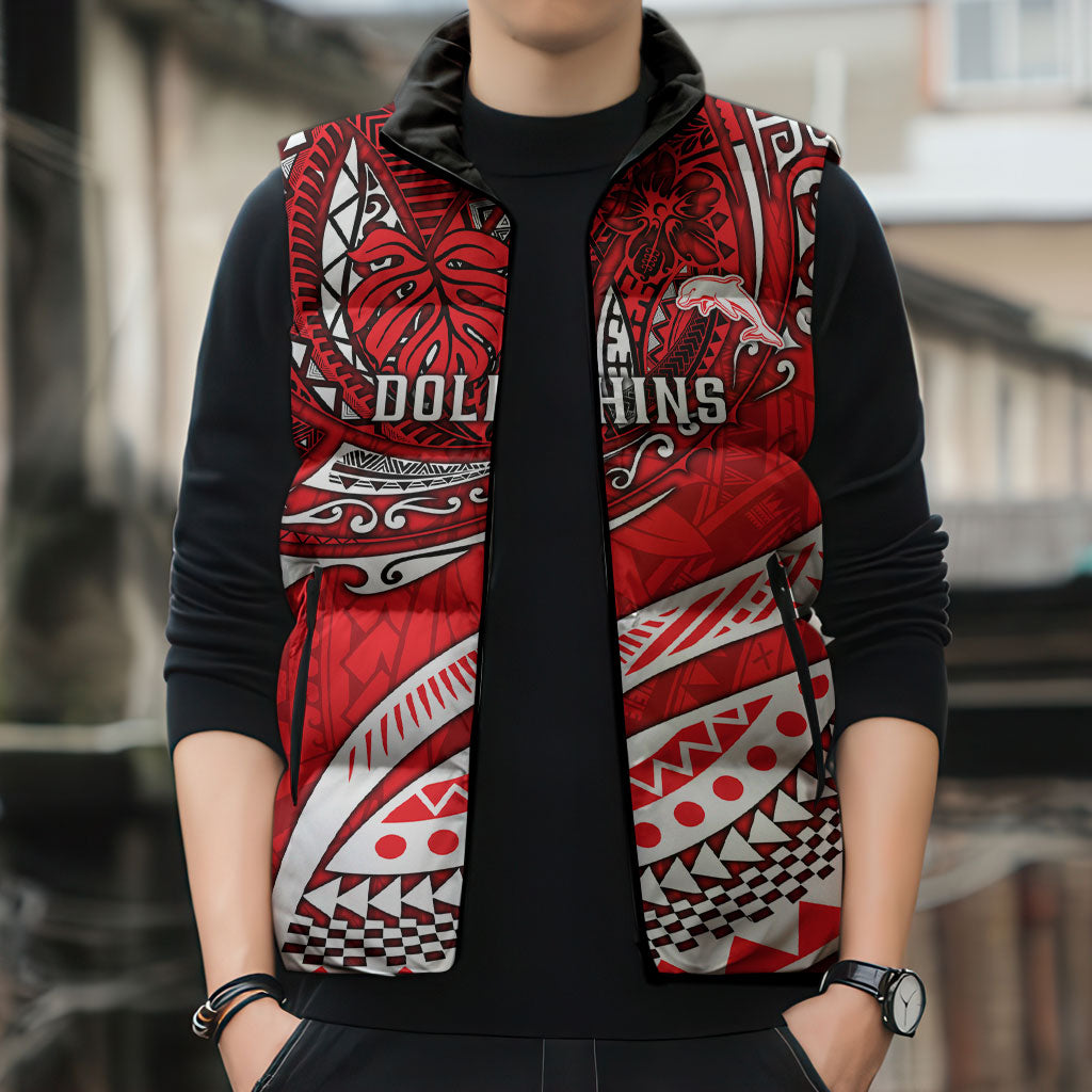Personalised Dolphins Sleeveless Puffer Jacket Polynesian Tribal Art Style With Muscular Dolphin Mascot