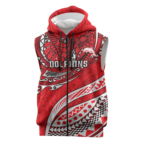 Personalised Dolphins Sleeveless Zip Hoodie Polynesian Tribal Art Style With Muscular Dolphin Mascot