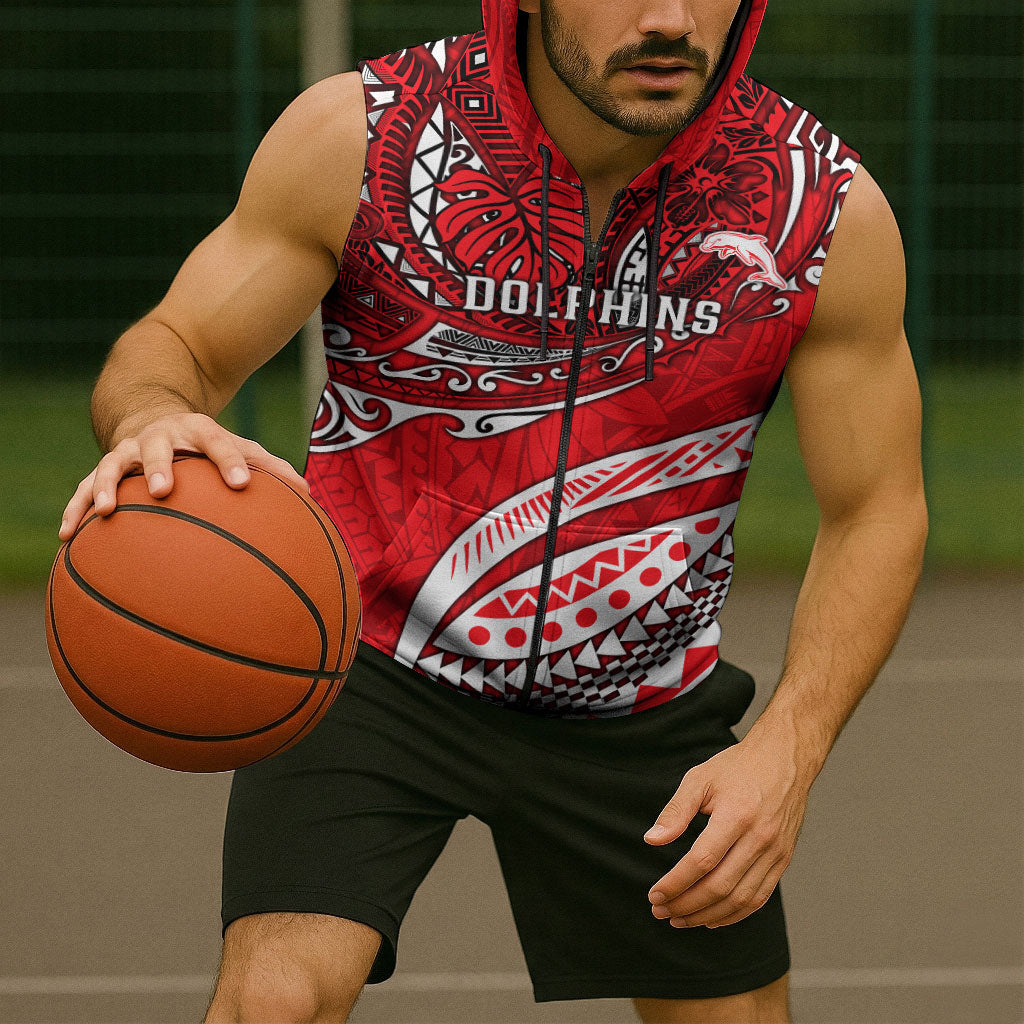 Personalised Dolphins Sleeveless Zip Hoodie Polynesian Tribal Art Style With Muscular Dolphin Mascot
