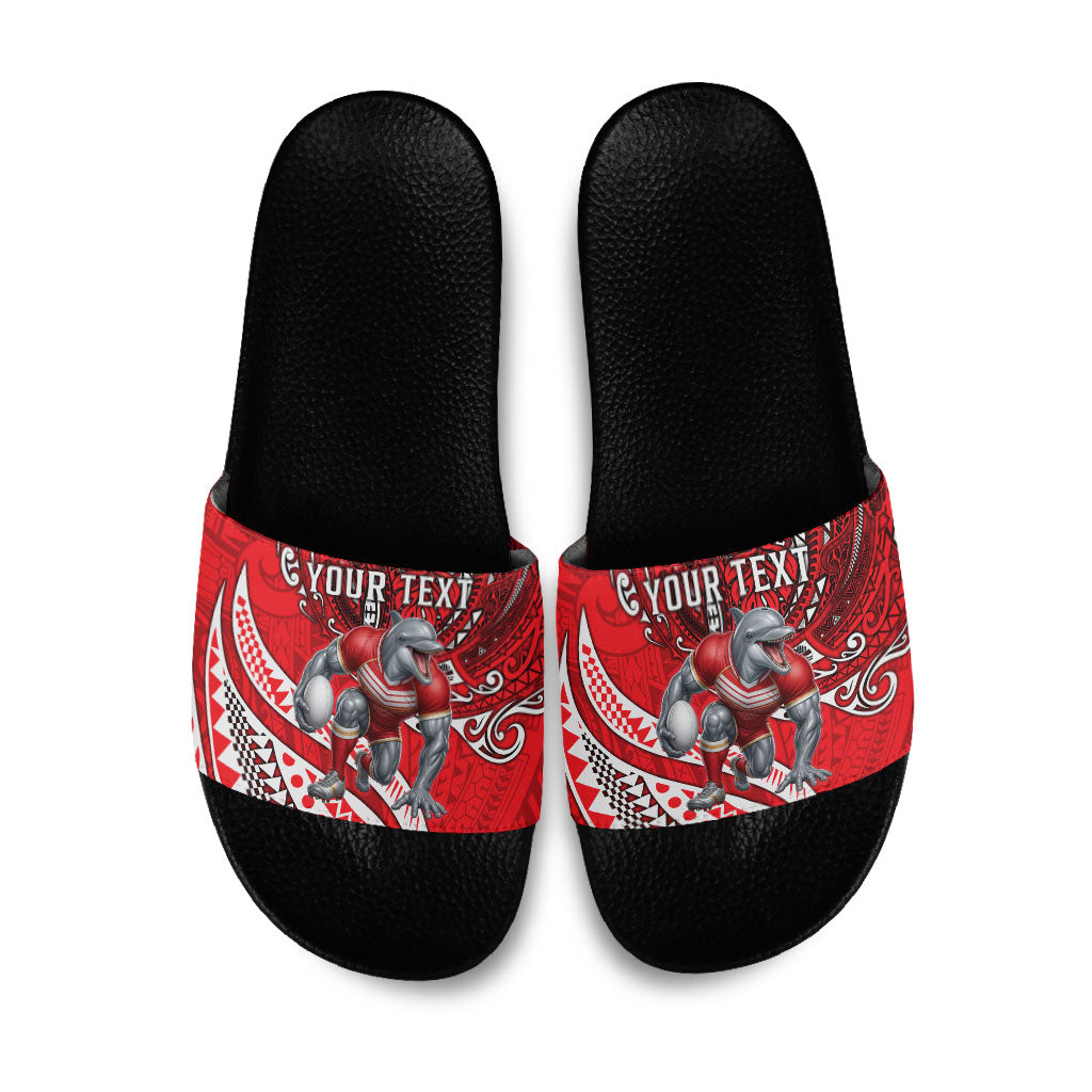 Personalised Dolphins Slide Sandals Polynesian Tribal Art Style With Muscular Dolphin Mascot