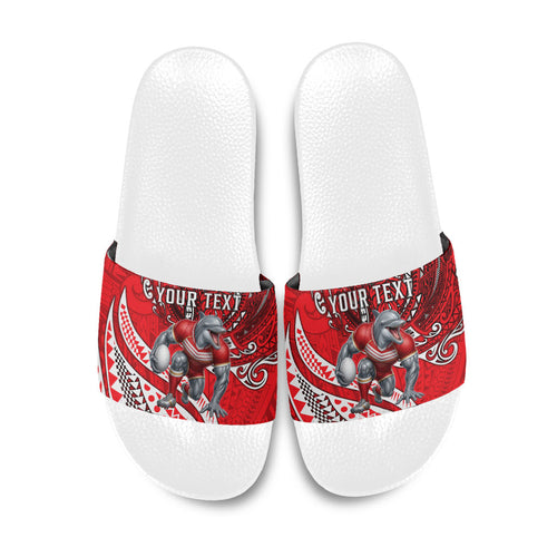 Personalised Dolphins Slide Sandals Polynesian Tribal Art Style With Muscular Dolphin Mascot