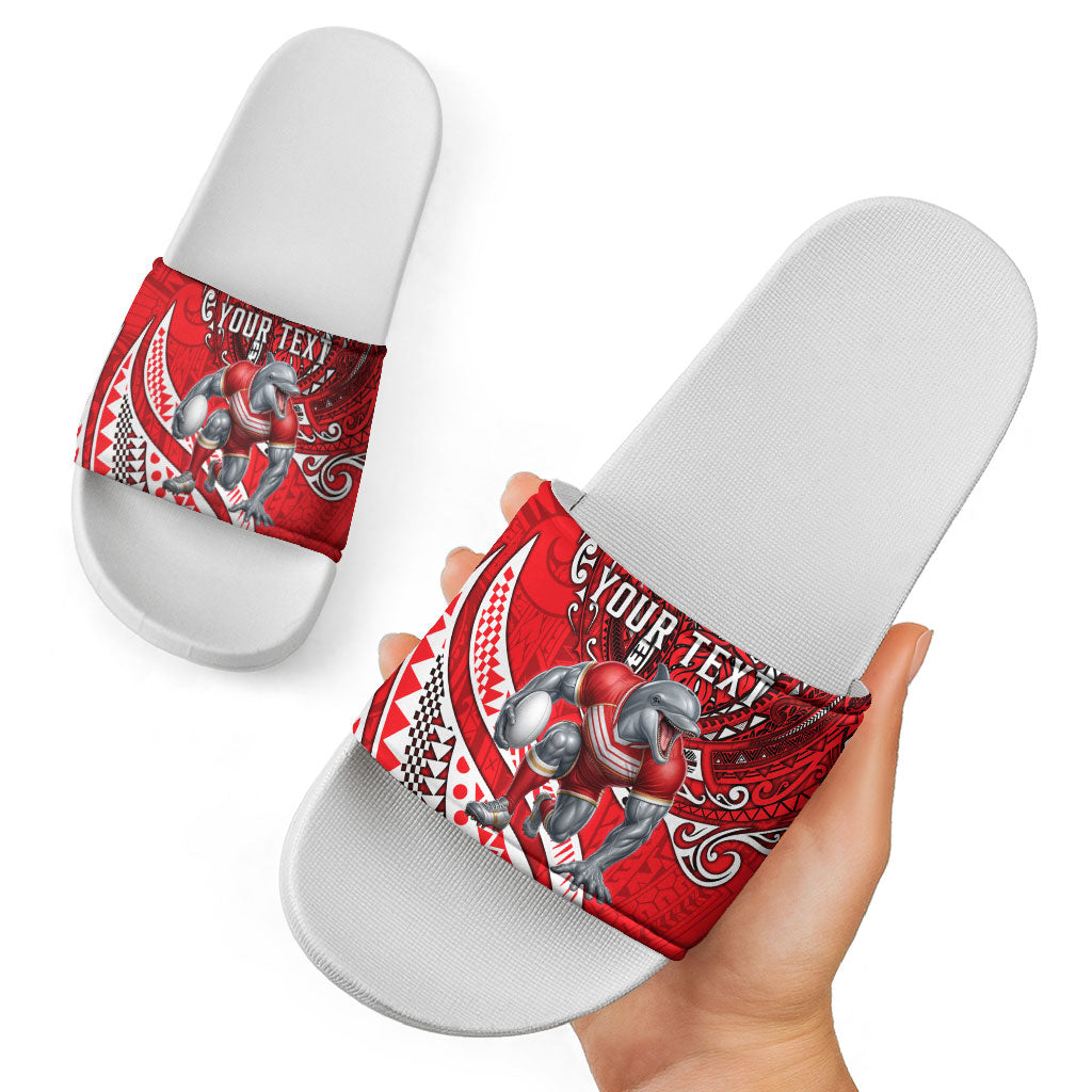 Personalised Dolphins Slide Sandals Polynesian Tribal Art Style With Muscular Dolphin Mascot