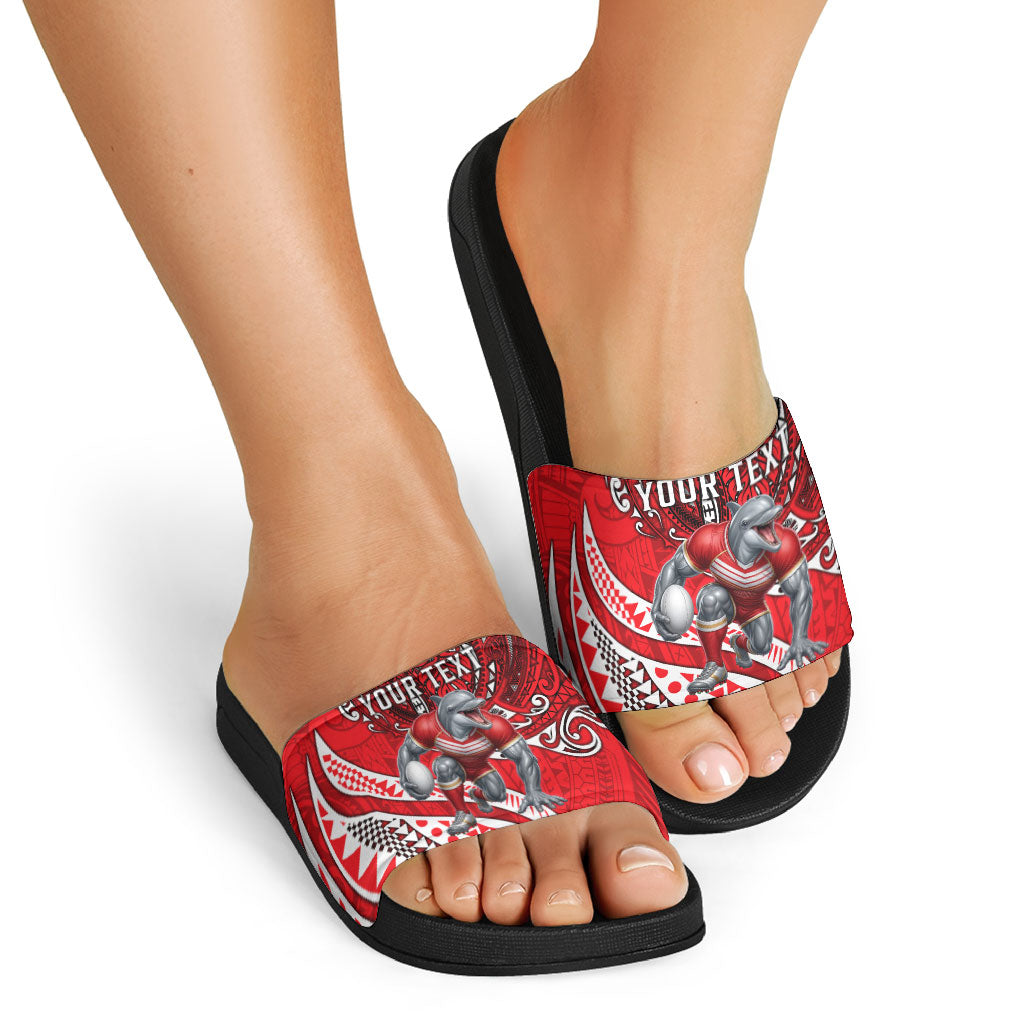 Personalised Dolphins Slide Sandals Polynesian Tribal Art Style With Muscular Dolphin Mascot