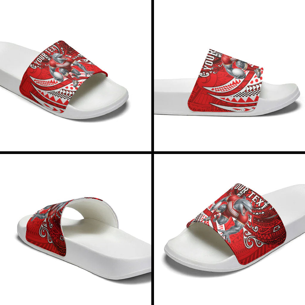 Personalised Dolphins Slide Sandals Polynesian Tribal Art Style With Muscular Dolphin Mascot